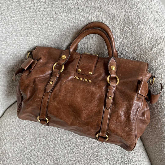 Miu Miu Vitello Lux Brown Leather Handbag