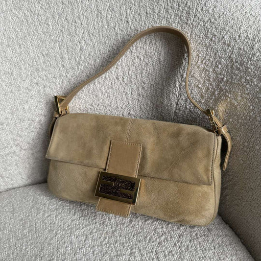 Fendi Baguette Suede Beige Shoulder Bag