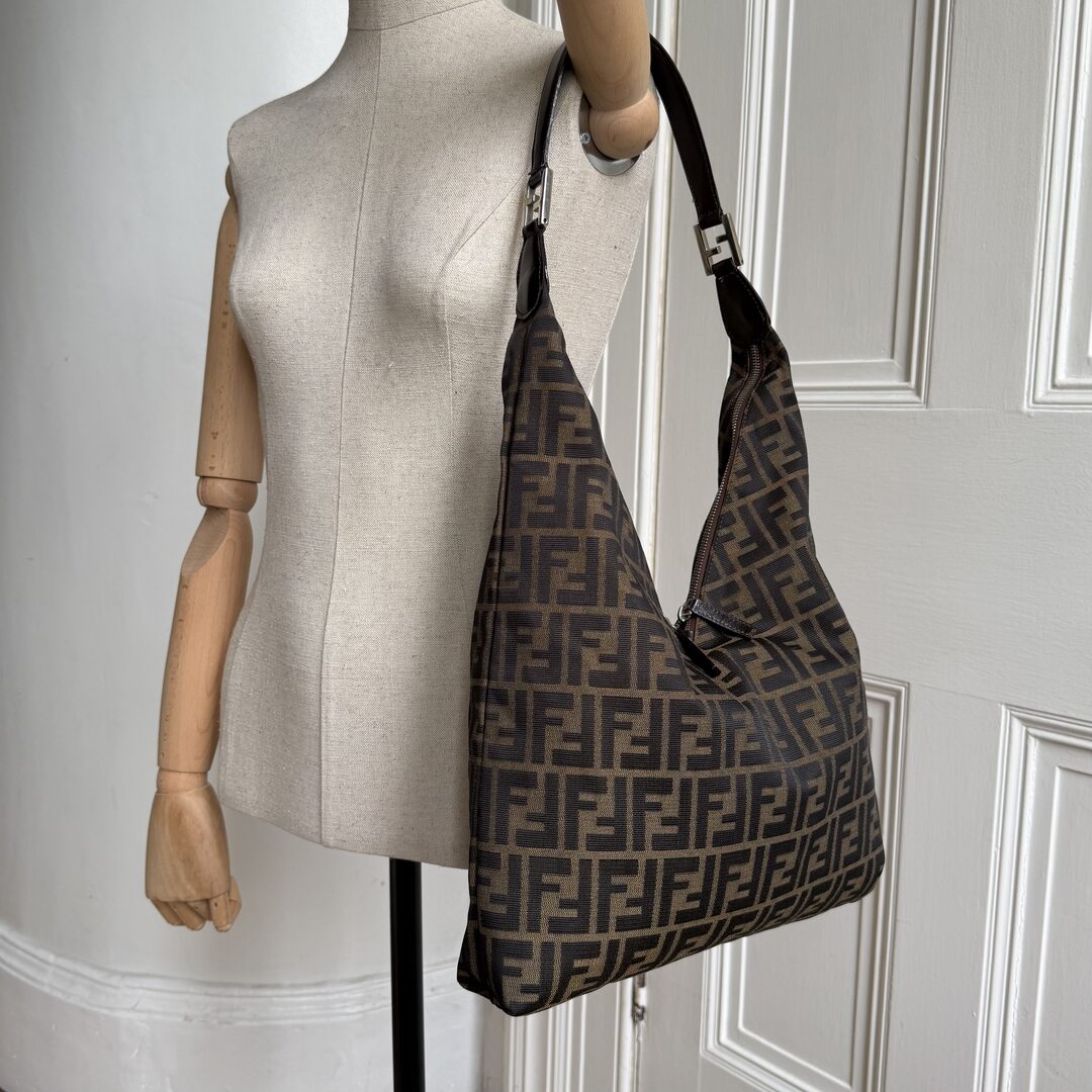 Fendi Zucca Double Zip Brown Shoulder Bag