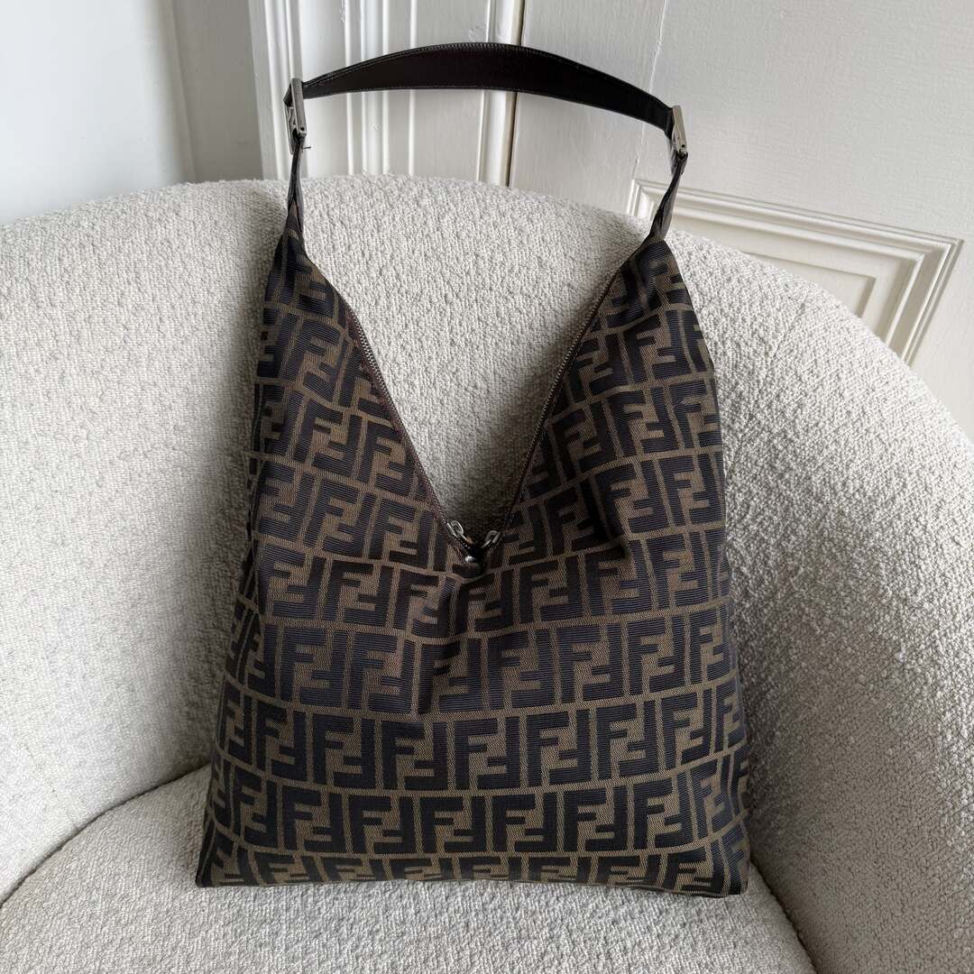 Fendi Zucca Double Zip Brown Shoulder Bag