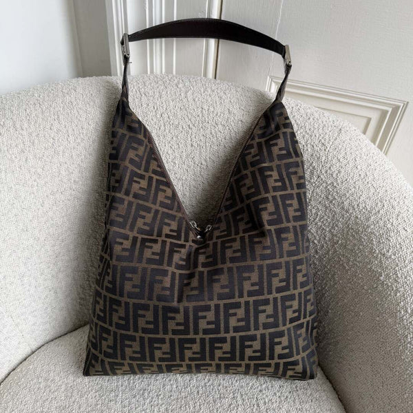 Fendi Zucca Double Zip Brown Shoulder Bag