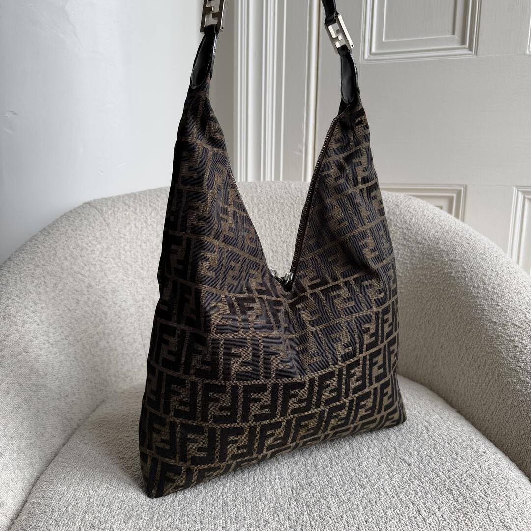Fendi Zucca Double Zip Brown Shoulder Bag