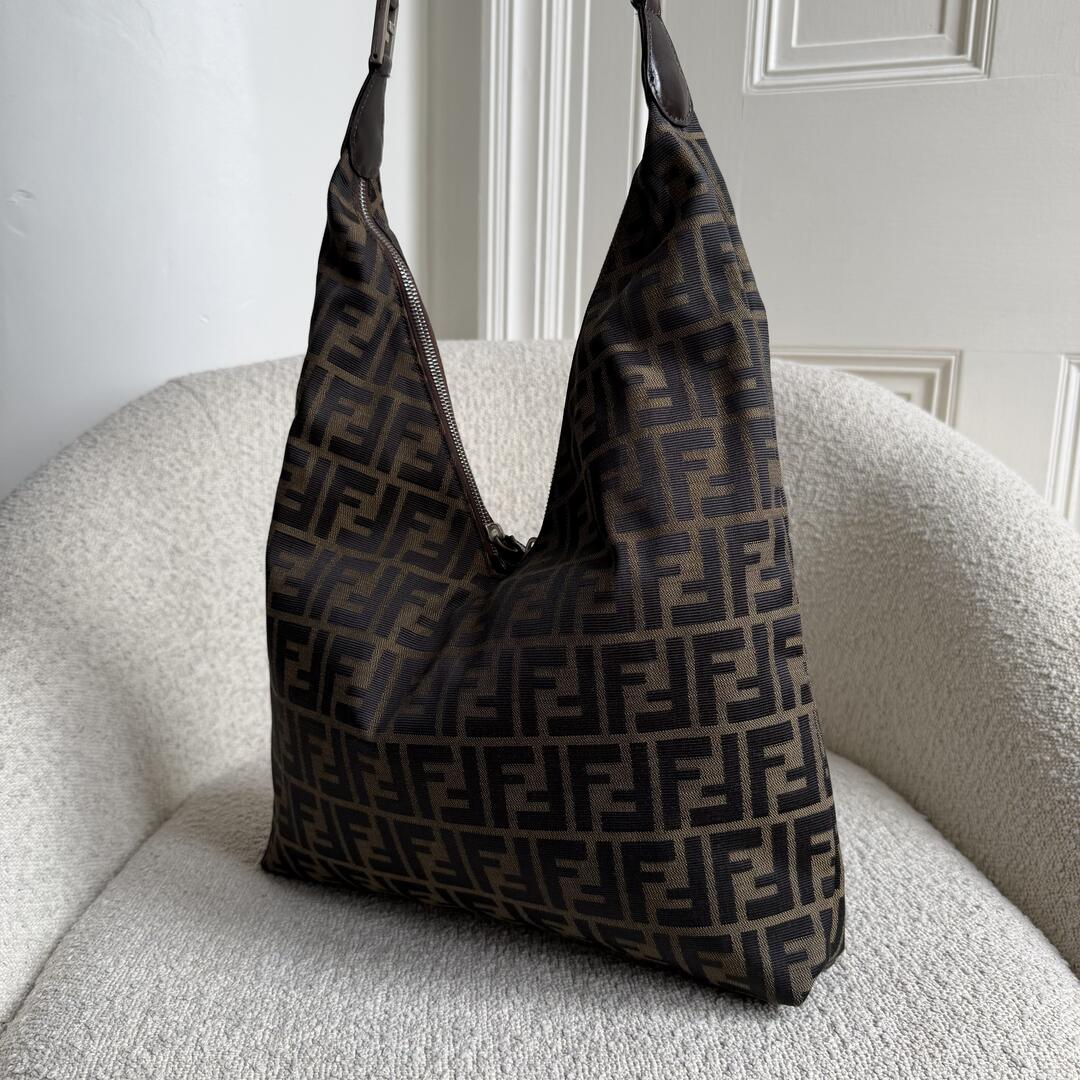 Fendi Zucca Double Zip Brown Shoulder Bag