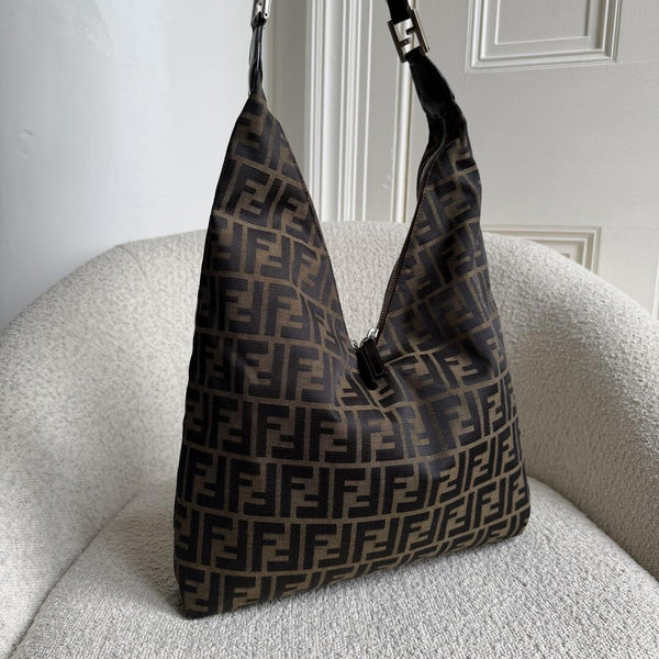 Fendi Zucca Double Zip Brown Shoulder Bag
