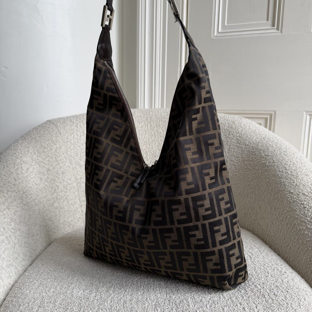 Fendi Zucca Double Zip Brown Shoulder Bag