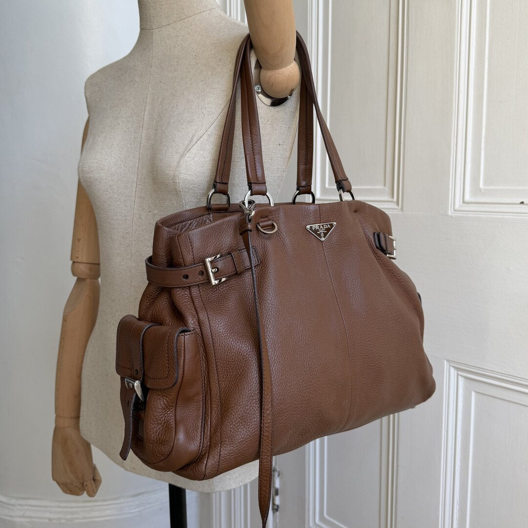 Prada Vitello Daino Leather Brown Tote Bag