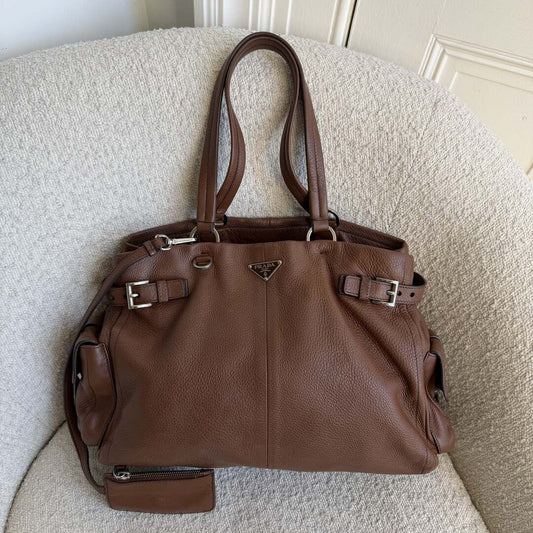 Prada Vitello Daino Leather Brown Tote Bag