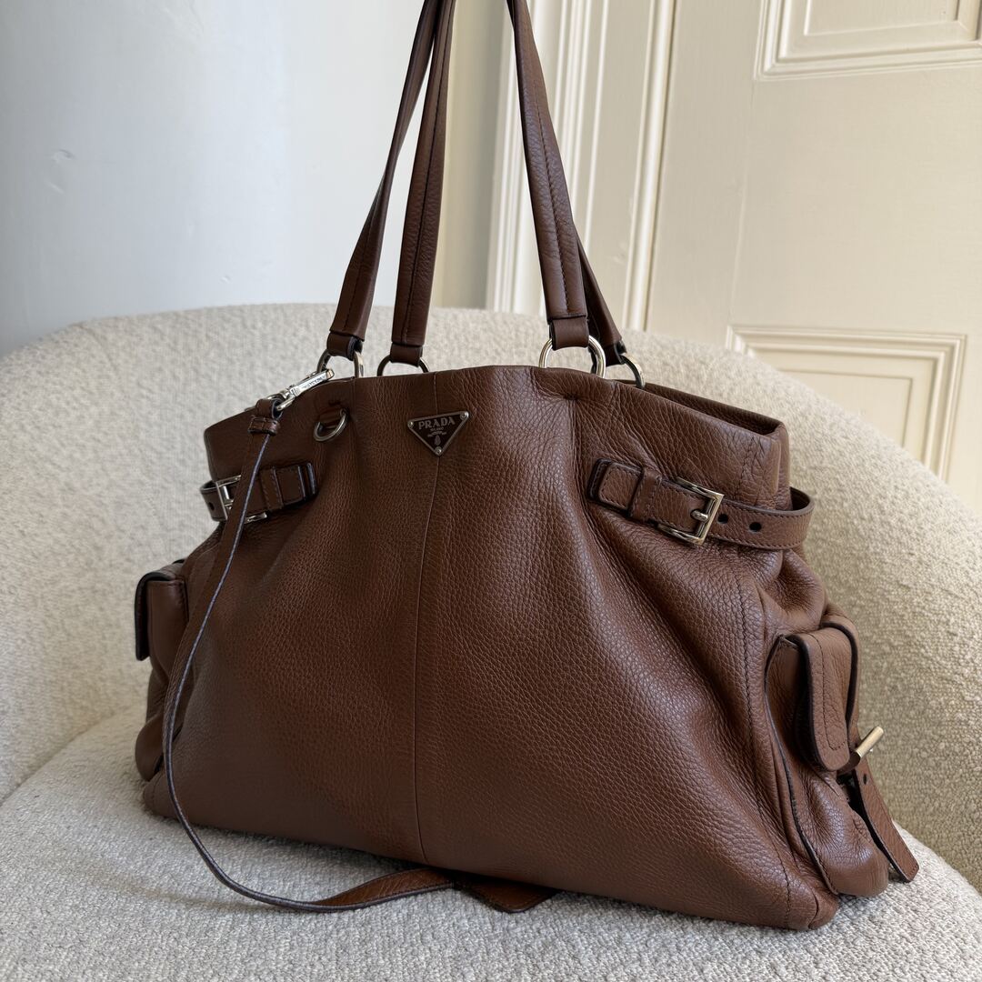 Prada Vitello Daino Leather Brown Tote Bag