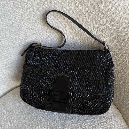 Fendi Mamma Sequin Beaded Black / Silver Shoulder Bag