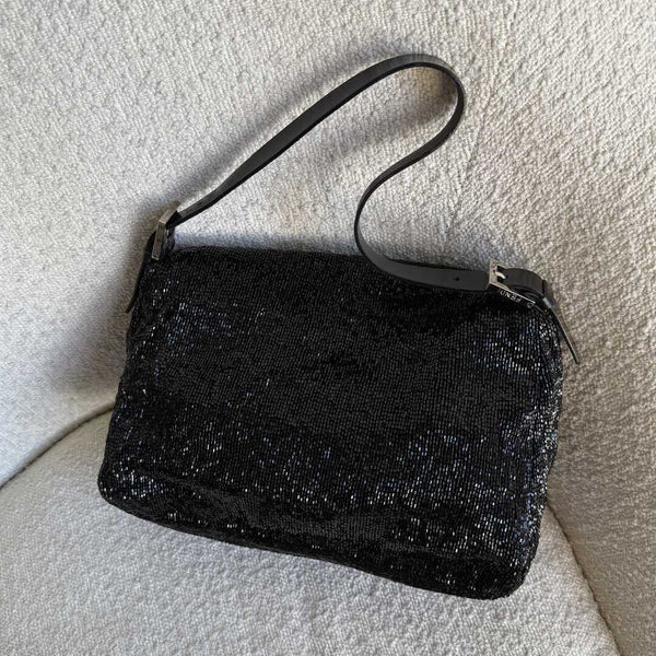 Fendi Mamma Sequin Beaded Black / Silver Shoulder Bag