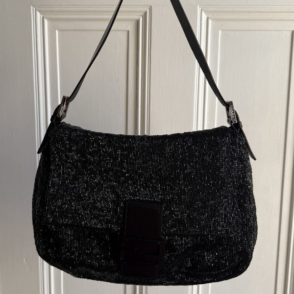 Fendi Mamma Sequin Beaded Black / Silver Shoulder Bag
