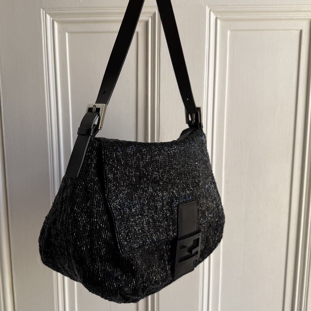 Fendi Mamma Sequin Beaded Black / Silver Shoulder Bag