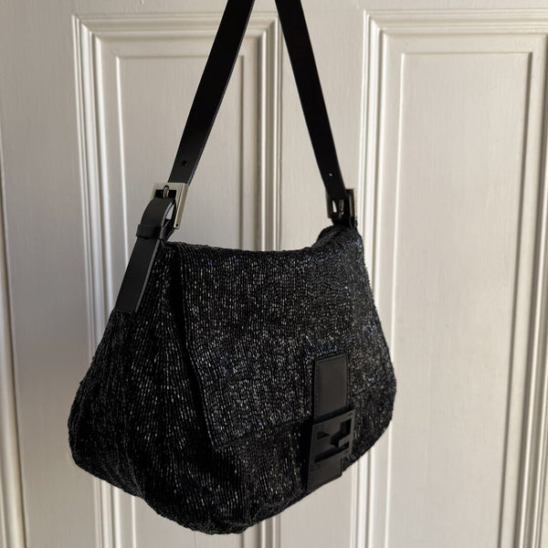 Fendi Mamma Sequin Beaded Black / Silver Shoulder Bag