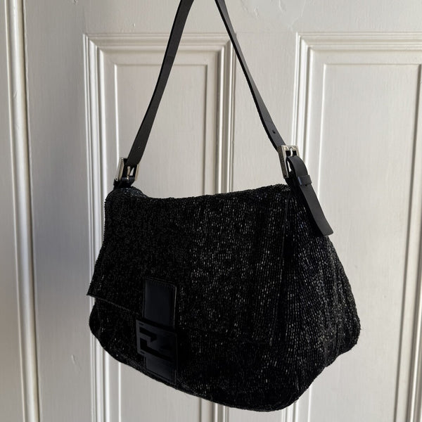 Fendi Mamma Sequin Beaded Black / Silver Shoulder Bag