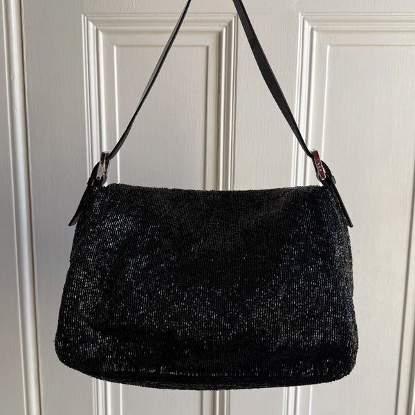 Fendi Mamma Sequin Beaded Black / Silver Shoulder Bag