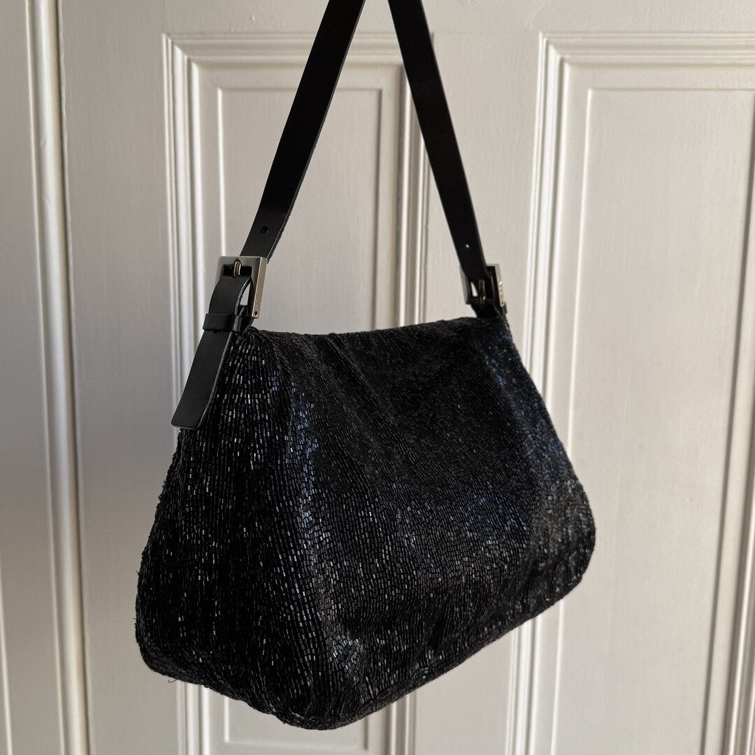 Fendi Mamma Sequin Beaded Black / Silver Shoulder Bag