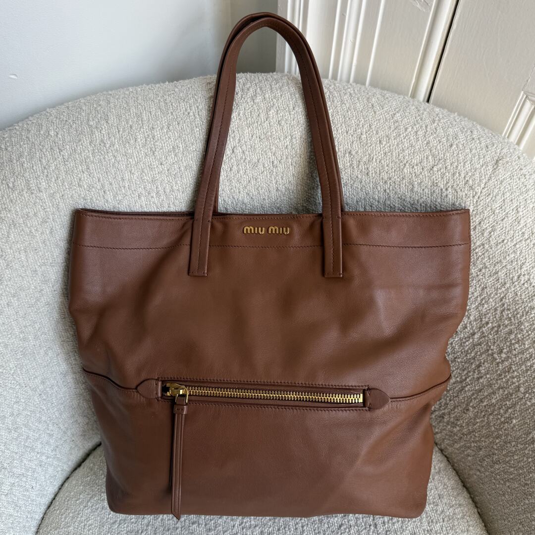 Miu Miu Vitello Brown Leather Tote Bag