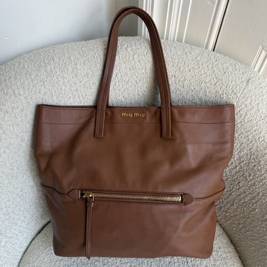 Miu Miu Vitello Brown Leather Tote Bag