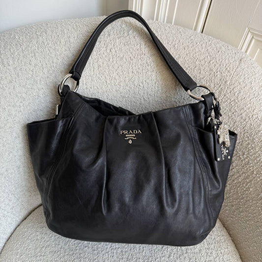 Prada Hobo Cervo Leather Black Tote Bag