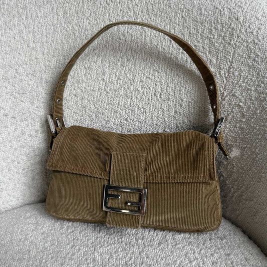 Fendi Mamma Baguette Corduroy Brown Shoulder Bag