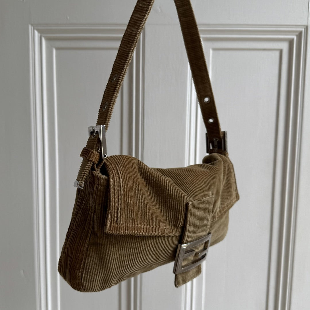 Fendi Mamma Baguette Corduroy Brown Shoulder Bag