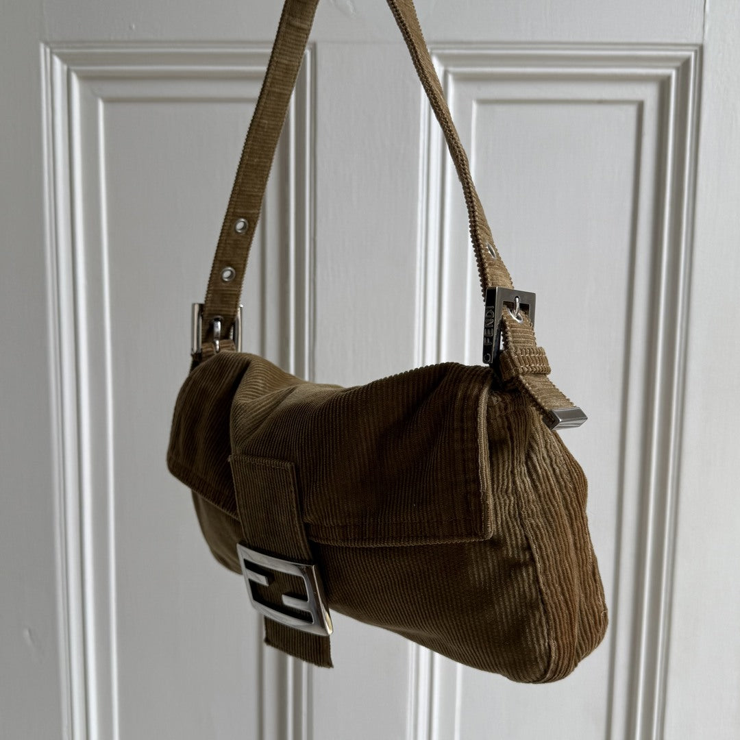 Fendi Mamma Baguette Corduroy Brown Shoulder Bag