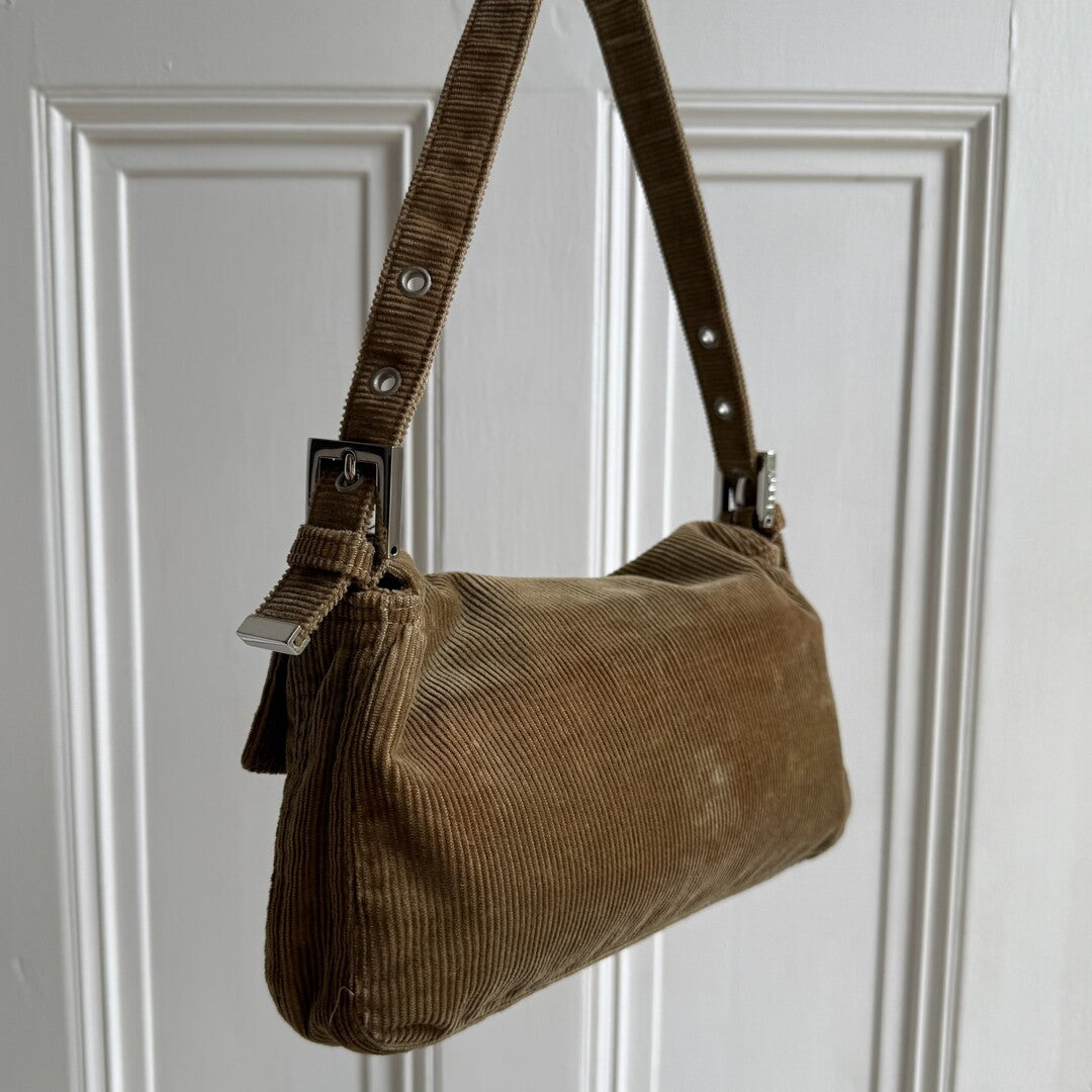 Fendi Mamma Baguette Corduroy Brown Shoulder Bag