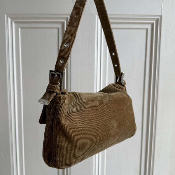 Fendi Mamma Baguette Corduroy Brown Shoulder Bag