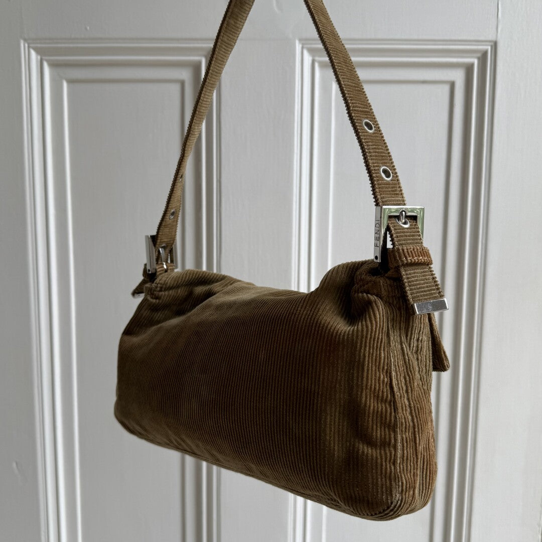 Fendi Mamma Baguette Corduroy Brown Shoulder Bag