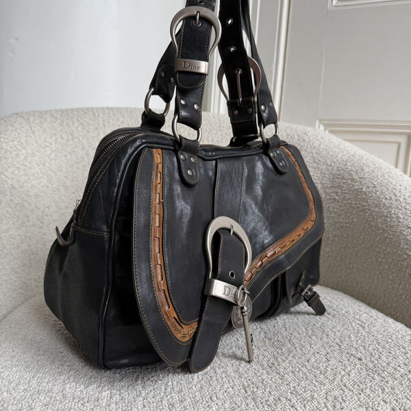 2007 Dior Gaucho Double Saddle Black Leather Shoulder Bag
