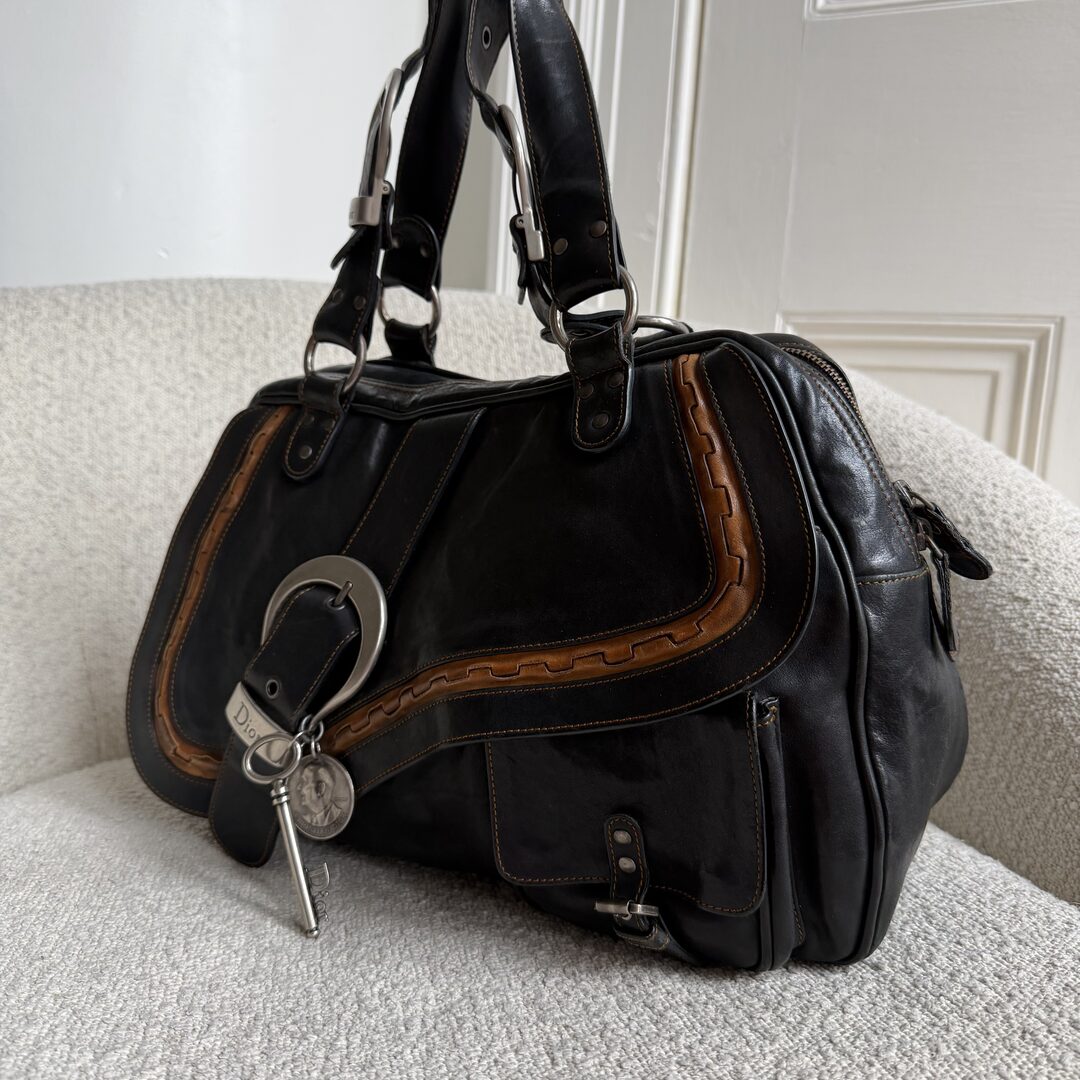 2007 Dior Gaucho Double Saddle Black Leather Shoulder Bag