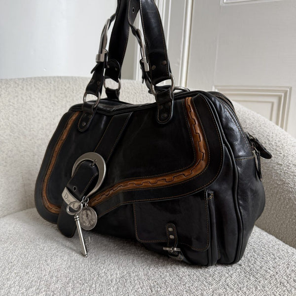 2007 Dior Gaucho Double Saddle Black Leather Shoulder Bag