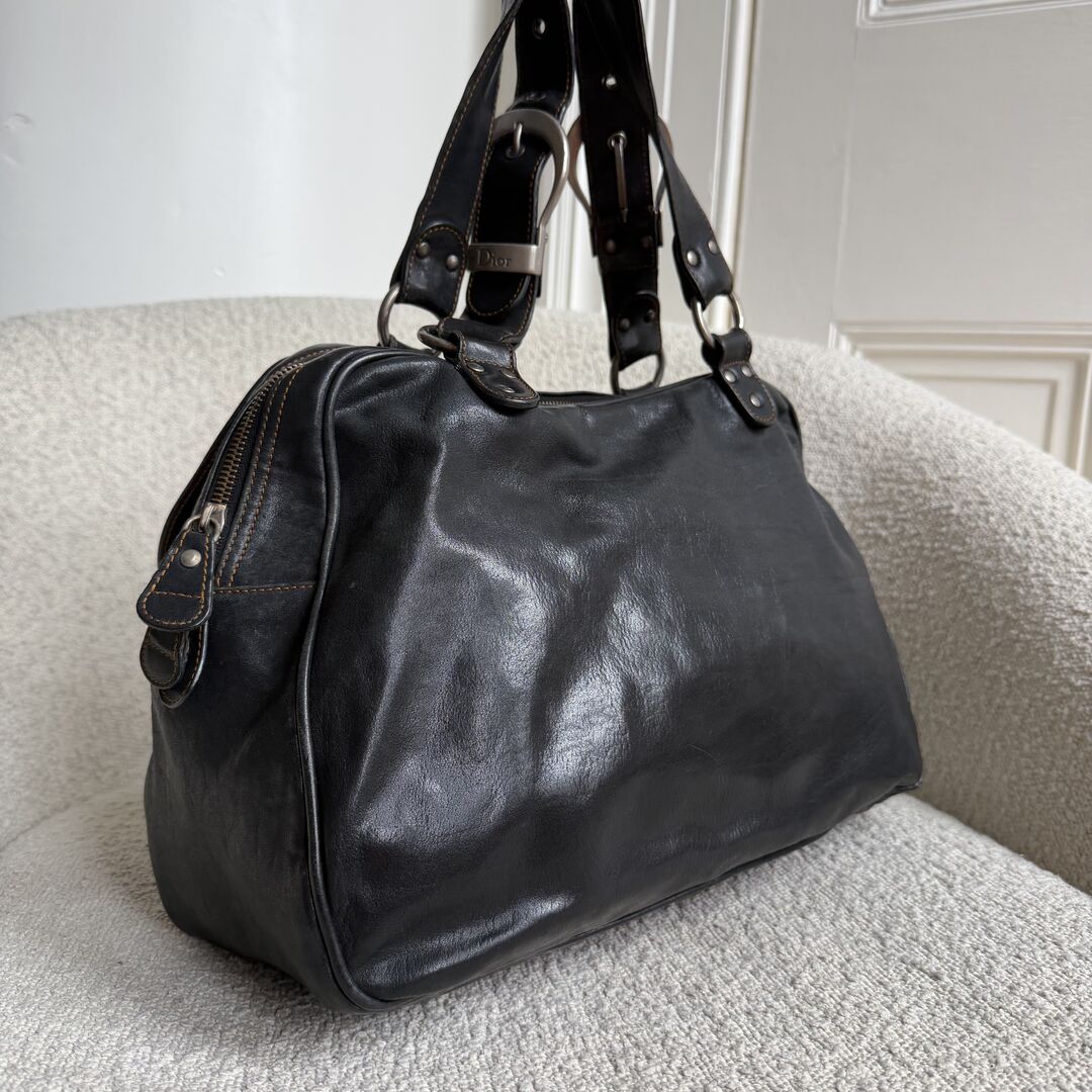 2007 Dior Gaucho Double Saddle Black Leather Shoulder Bag