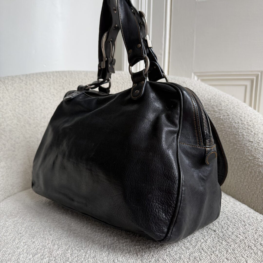 2007 Dior Gaucho Double Saddle Black Leather Shoulder Bag