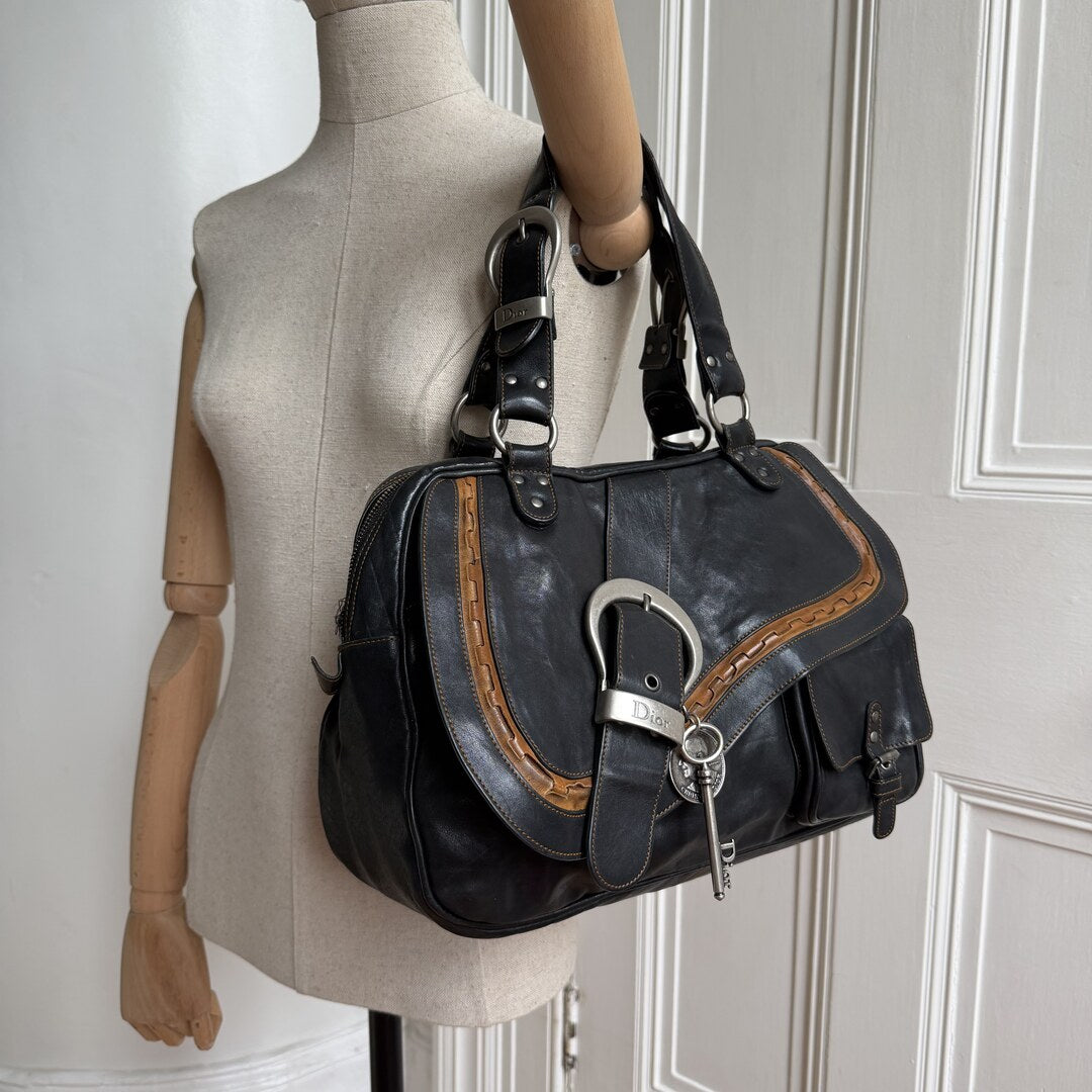 2007 Dior Gaucho Double Saddle Black Leather Shoulder Bag