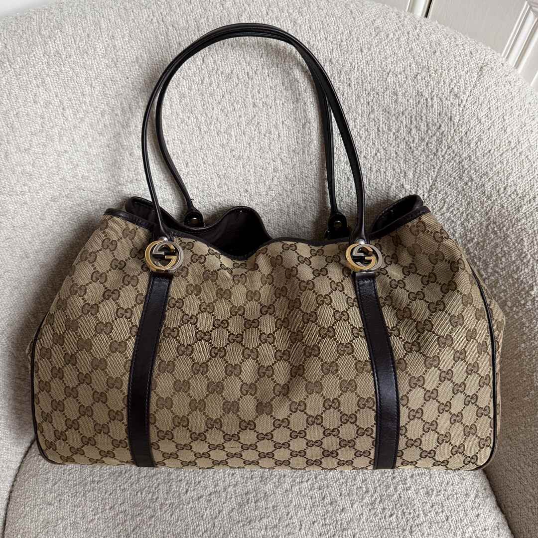 Gucci GG Canvas Twins Black Leather Tote Bag