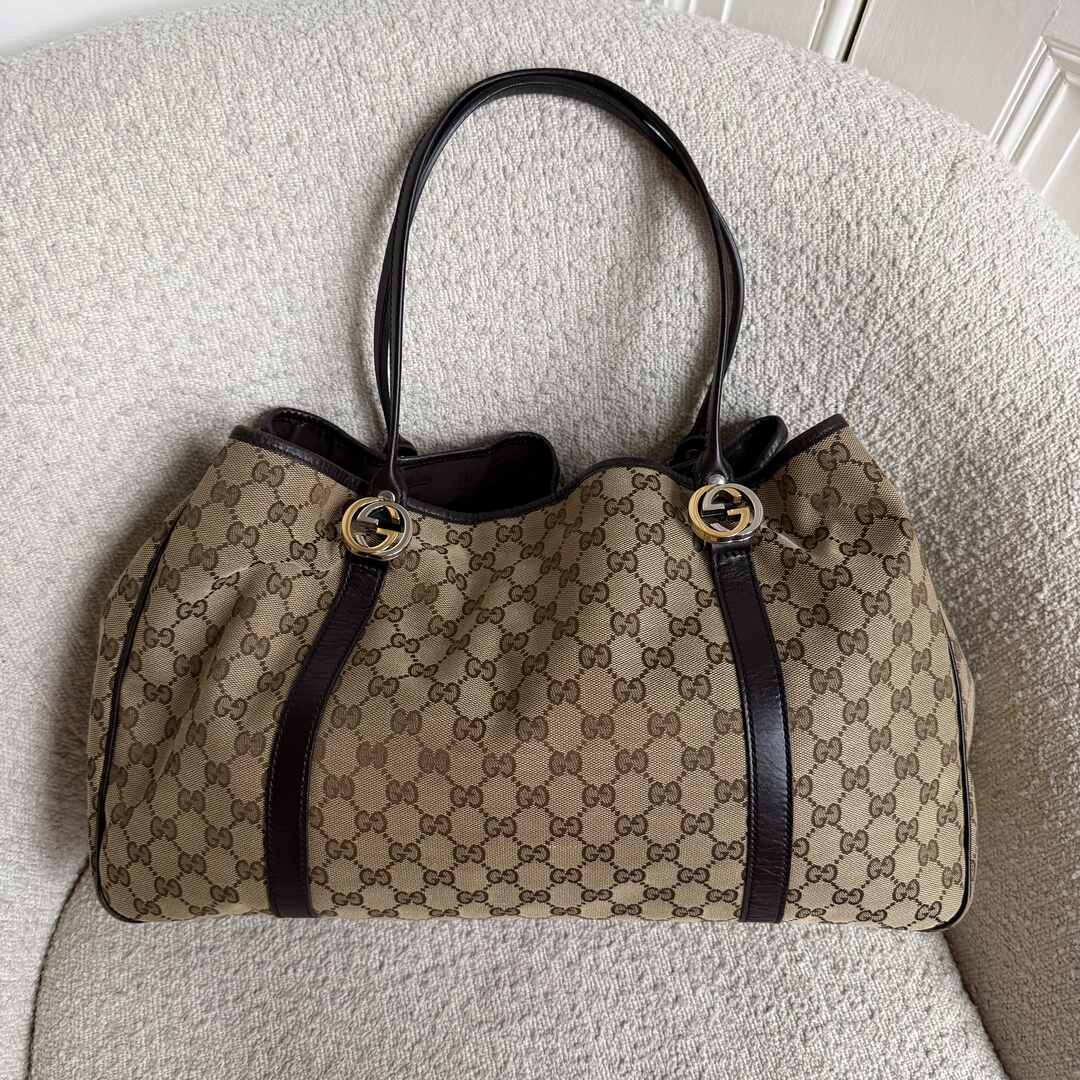 Gucci GG Canvas Twins Black Leather Tote Bag