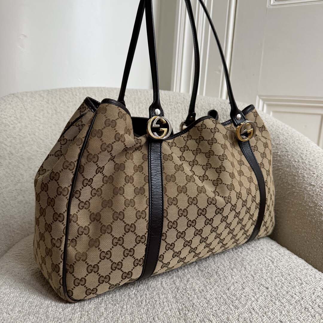 Gucci GG Canvas Twins Black Leather Tote Bag