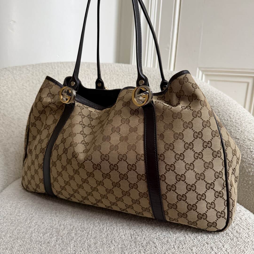 Gucci GG Canvas Twins Black Leather Tote Bag
