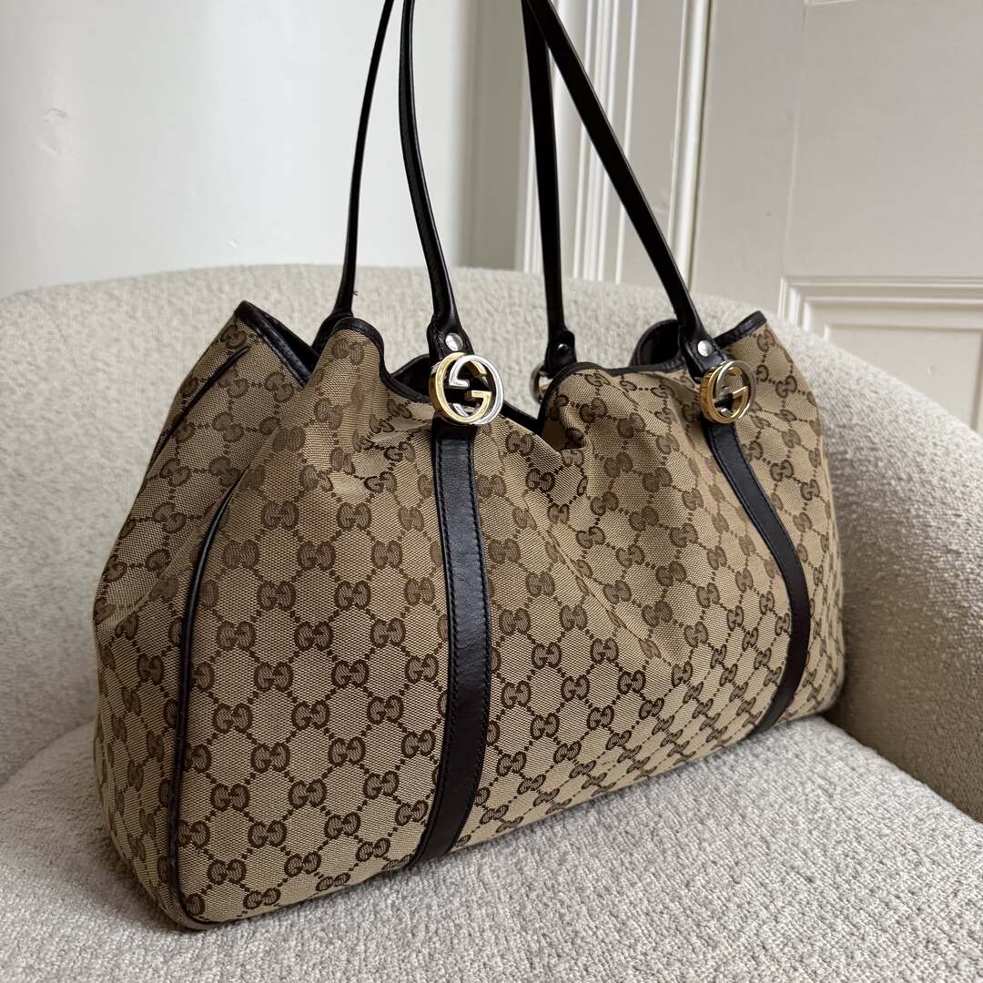 Gucci GG Canvas Twins Black Leather Tote Bag