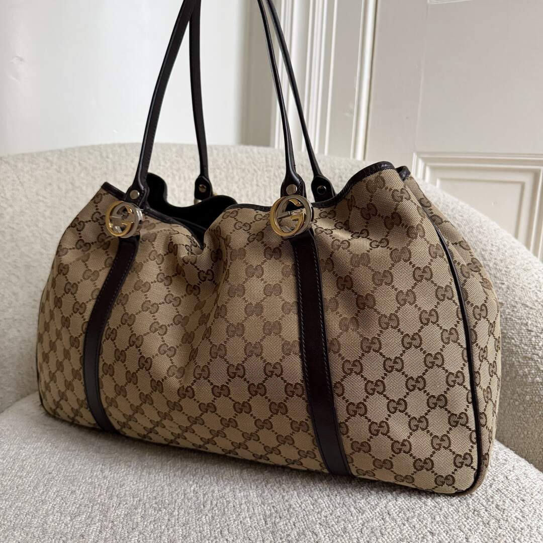 Gucci GG Canvas Twins Black Leather Tote Bag