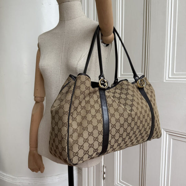 Gucci GG Canvas Twins Black Leather Tote Bag