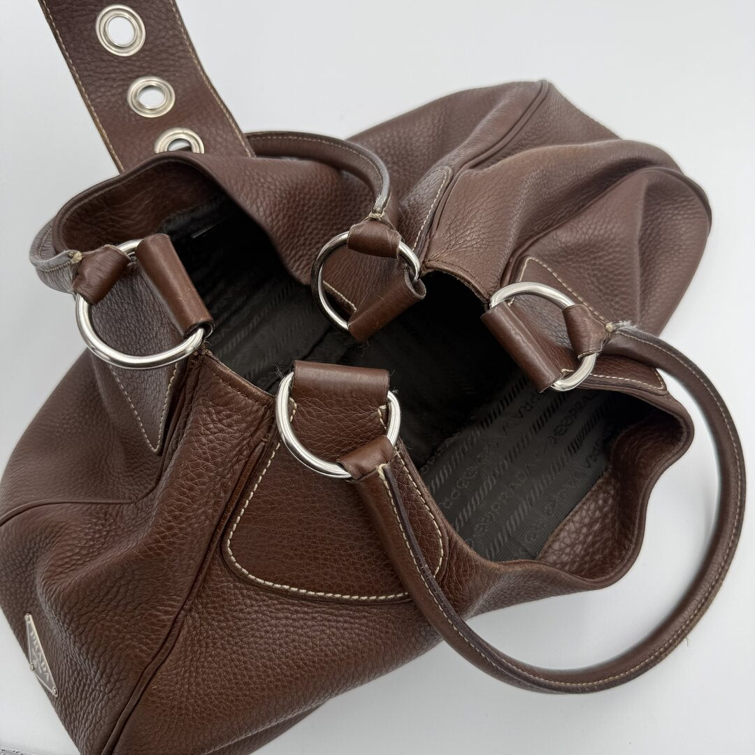 2002 Prada Moon Leather Brown Shoulder Bag