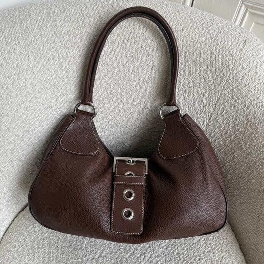 2002 Prada Moon Leather Brown Shoulder Bag