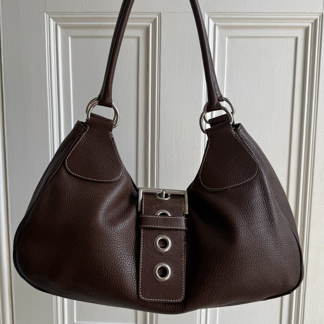2002 Prada Moon Leather Brown Shoulder Bag