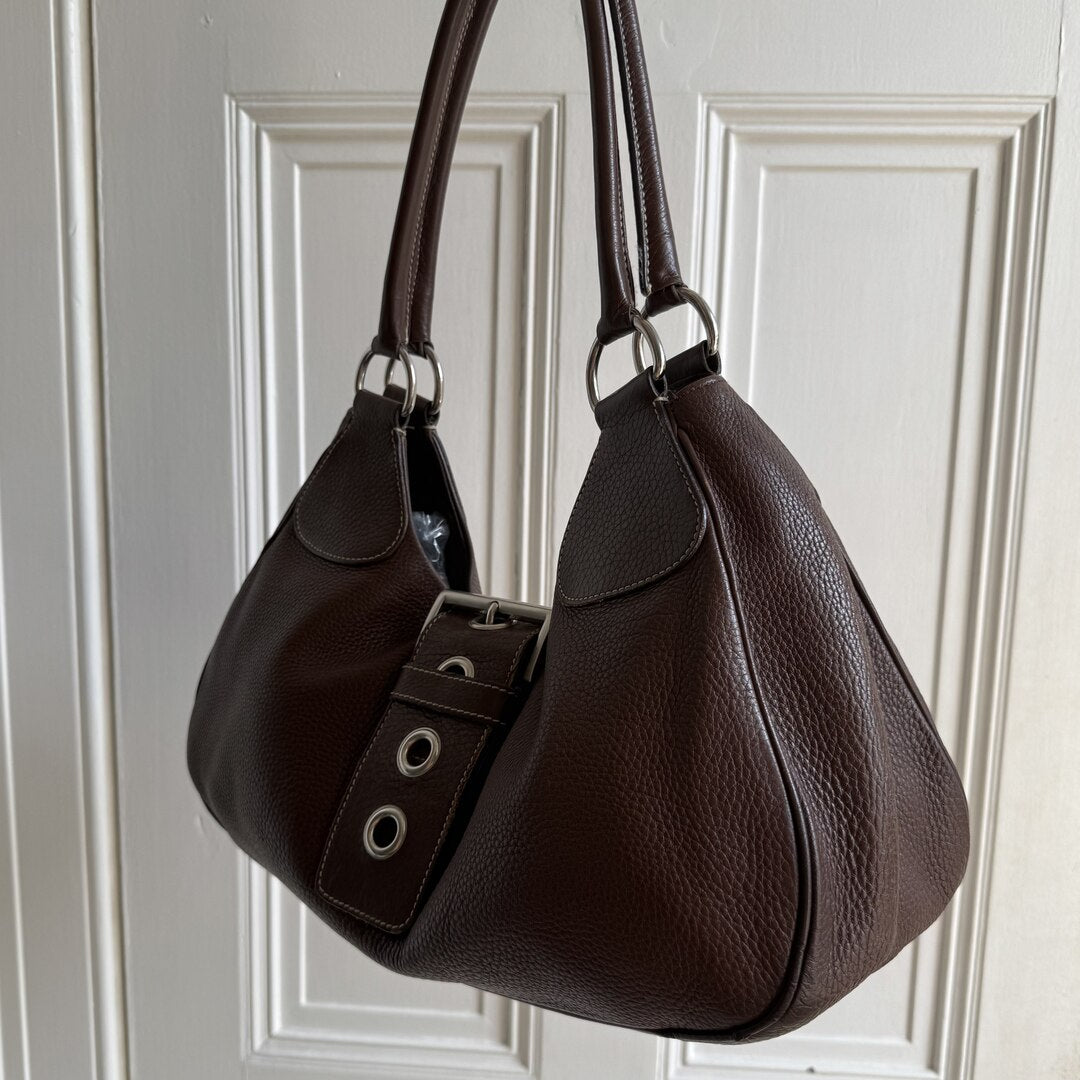 2002 Prada Moon Leather Brown Shoulder Bag