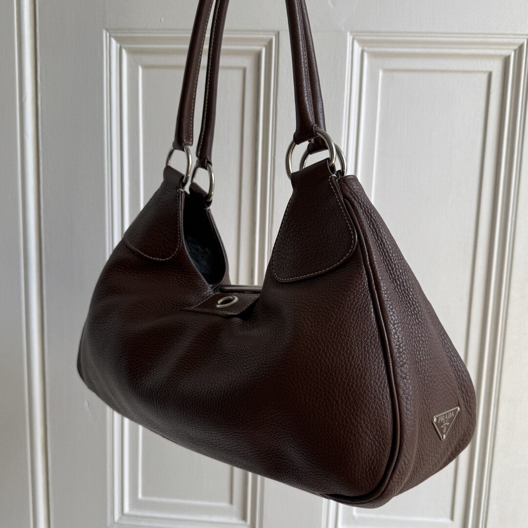 2002 Prada Moon Leather Brown Shoulder Bag