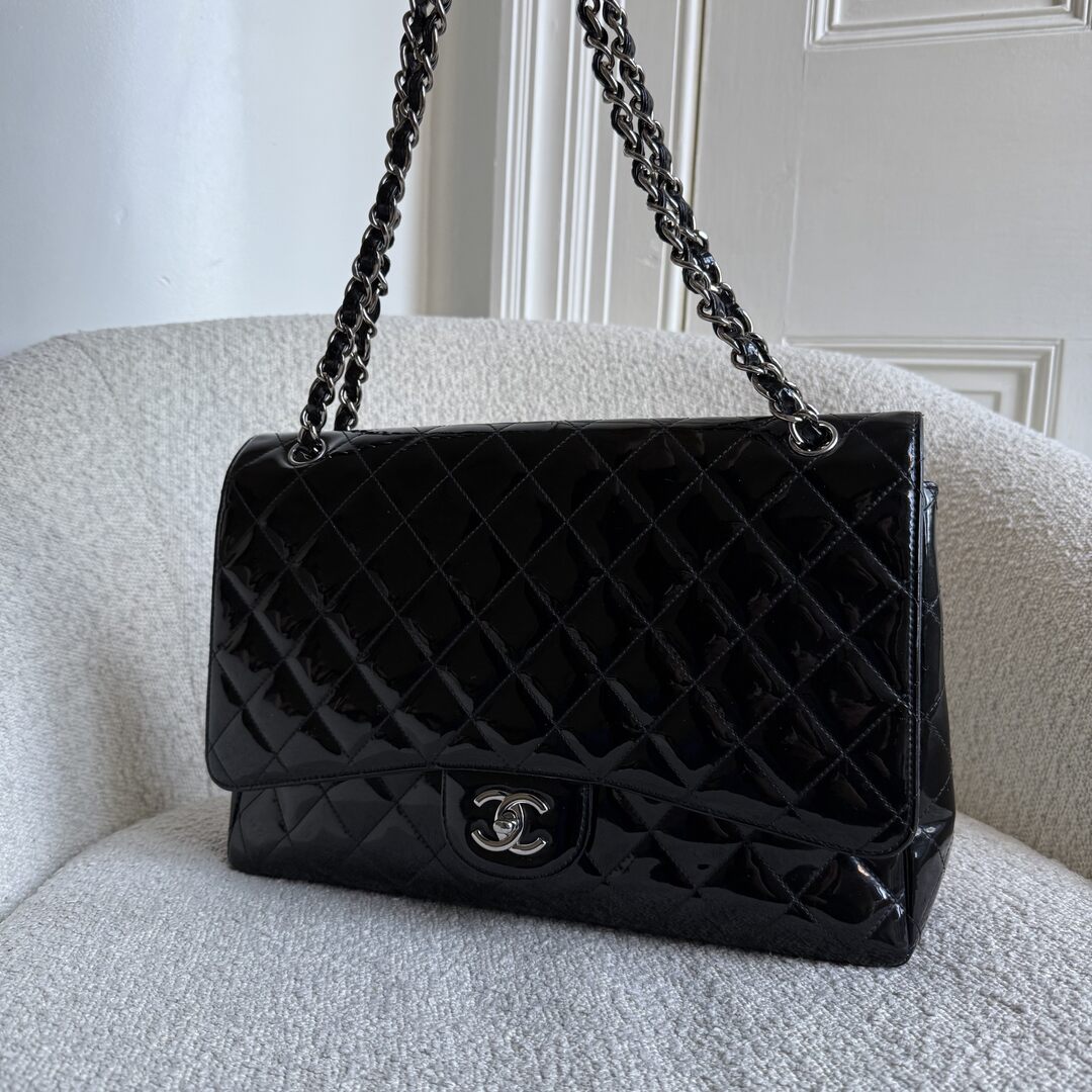 2010 Chanel CC Jumbo Flap Patent Leather Black Shoulder Bag