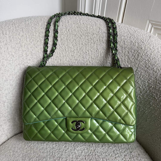 2012 Chanel CC Jumbo Double Flap Patent Leather Green Shoulder Bag