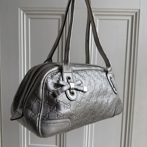 Gucci Guccissima Princy Metallic Silver Leather Shoulder Bag